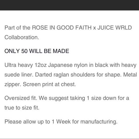 Rose In Good Faith X Juice Wrld Limited Suede Lined Bomber Jacket in Black - Picture 6 of 7
